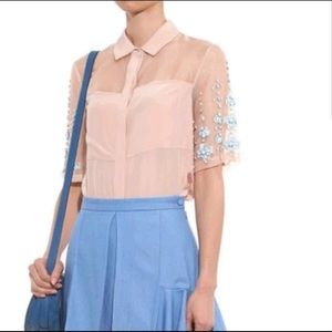 Rebecca Taylor pink silk & organza blouse with blue jewels